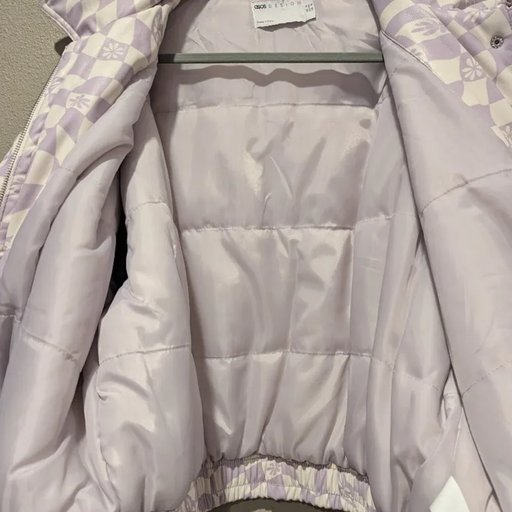 NWT- ASOS * Printed Faux Leather Bomber Jacket in Lilac * Size 12 - Picture 11 of 13